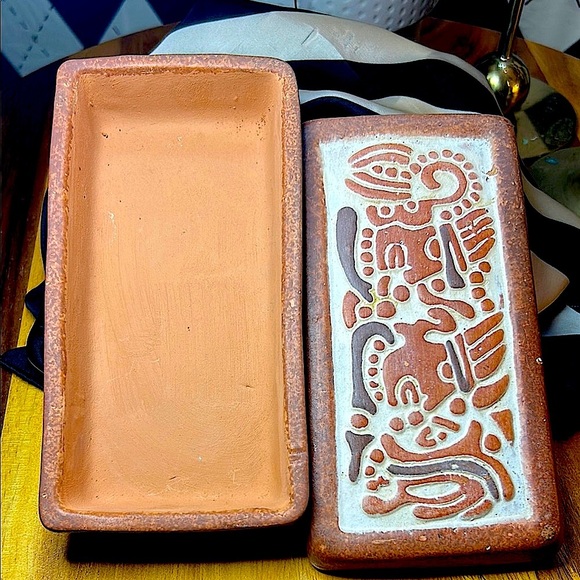 Other - Vintage Mid-Century Terracotta Trinket Box with Mayan-Inspired Relief Lid